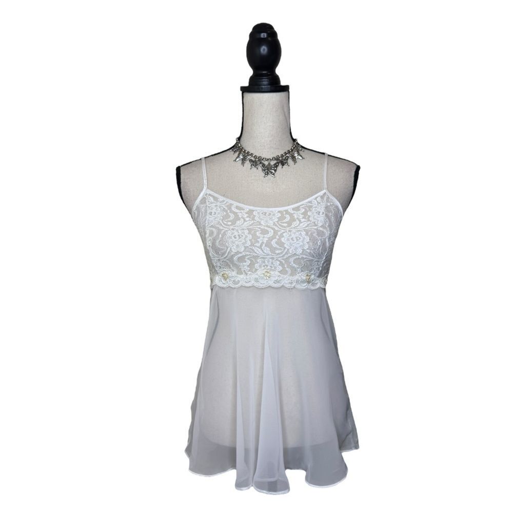 Y2K Cinema Etoile White Sheer Lace Fairy Sequin Babydoll Cami Size Small